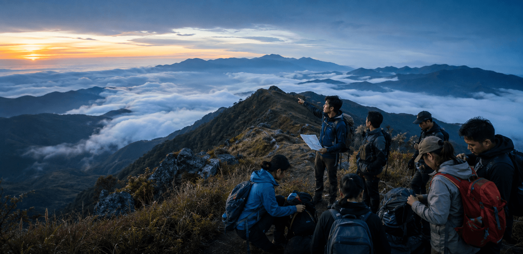A Filipino outdoor organizer briefing hikers above a sea of clouds at dawn