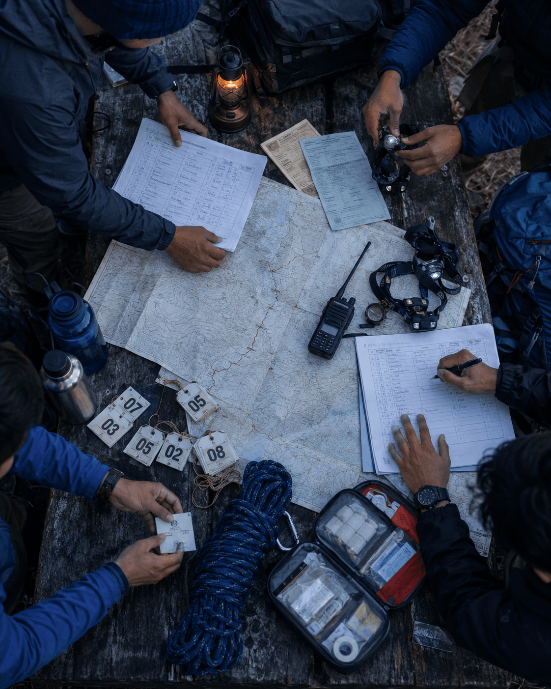 Outdoor organizers checking a route map, participant list, and expedition equipment