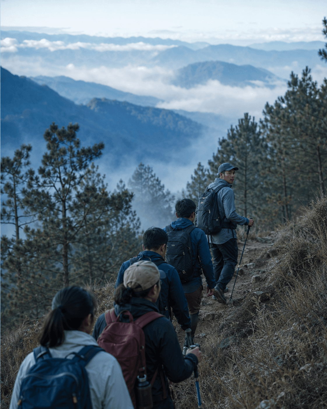 A guide checking on a hiking group ascending a misty Philippine mountain trail