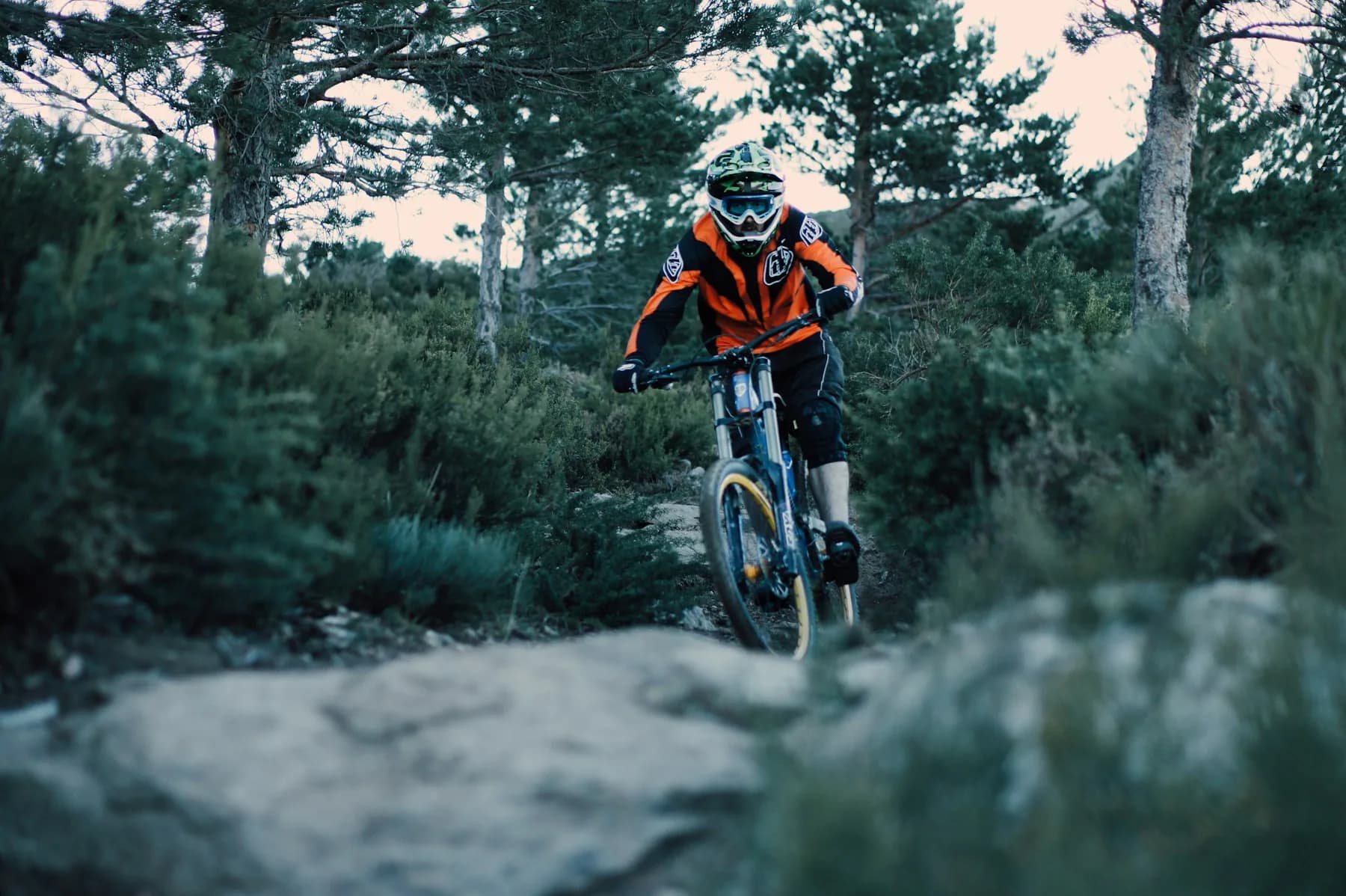 Mountain biker riding down a rocky forest trail